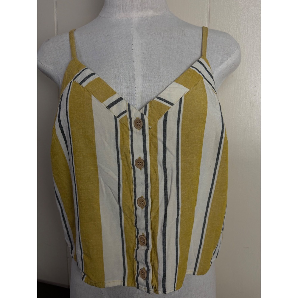 Max Women 10 Camisole Yellow Excellent Striped Linen Blend Button Front V-Neck